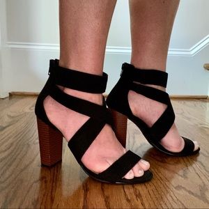 Black wide strap block heels, 6.5
